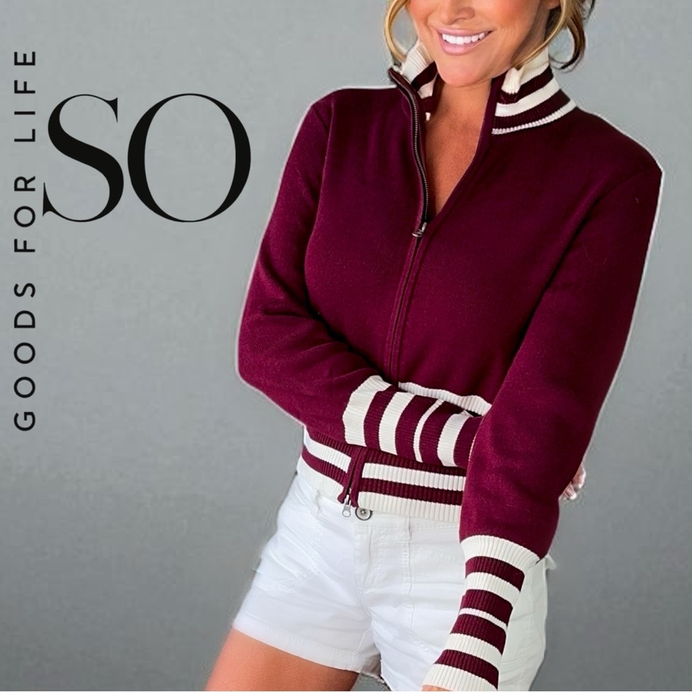 SO Maroon and White Striped Full Zip Sweater L